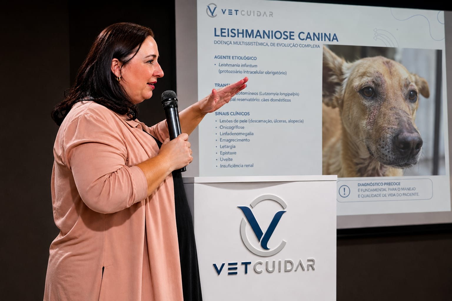 Dra. Daniela Latorre ministrando aula sobre leishmaniose canina, ao lado de um slide com os sinais clínicos da doença